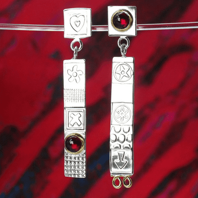 Silver stud drop asymmetrical earrings, handmad garnet earrings.