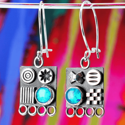 Solid sterling silver oxidised square earrings with polished 3D symbols and a beautiful blue Opal