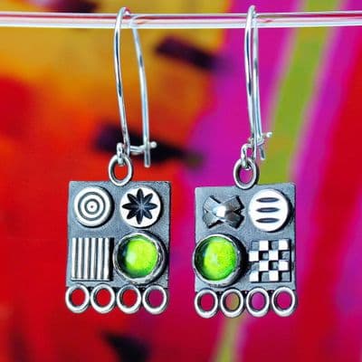 Solid sterling silver oxidised square earrings with polished 3D symbols and a beautiful Peridot