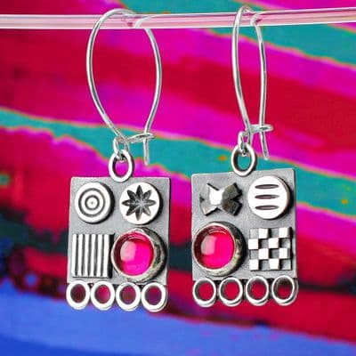 Solid sterling silver oxidised square earrings with polished 3D symbols and a lovely pink Corundum