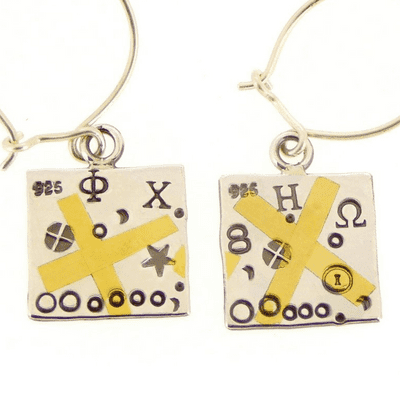 Square earrings handmade Keum boo embossed silver and gold