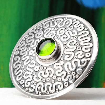 Squiggle pattern handmade brooch, sterling silver and a beautiful Peridot gemstone