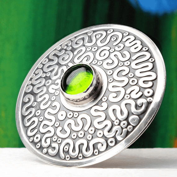 Squiggle pattern handmade brooch, sterling silver and a beautiful Peridot gemstone