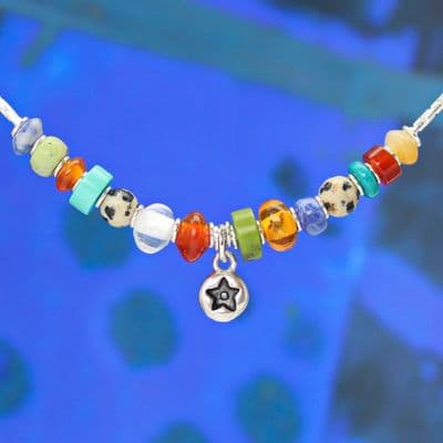 Star necklace, multi-coloured gemstone necklace, lapis, amber, carnelian, 6A