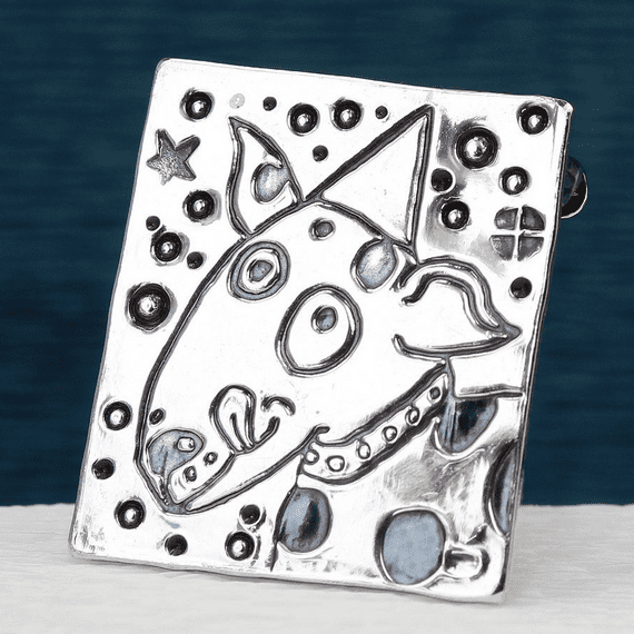 Sterling silver dog brooch, terrier dog with a hat