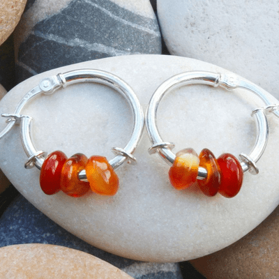 Three stone sleeper earrings, Carnelian, Amber and dark Carnelian
