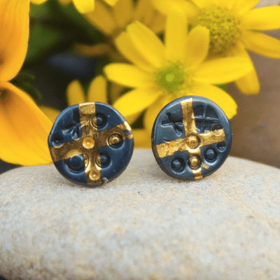 Tiny ear studs keum boo gold cross oxidised silver small