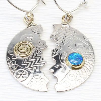 Unique sterling silver halved round earrings featuring a blue Opal stone, gemstone choice available.