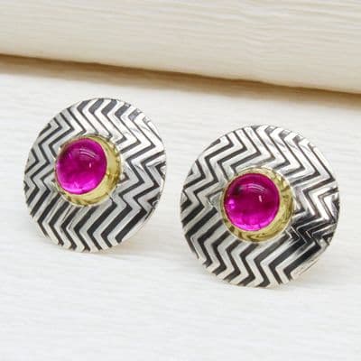 Zigzag handmade silver ear studs, Pink Corundum, gemstone choice