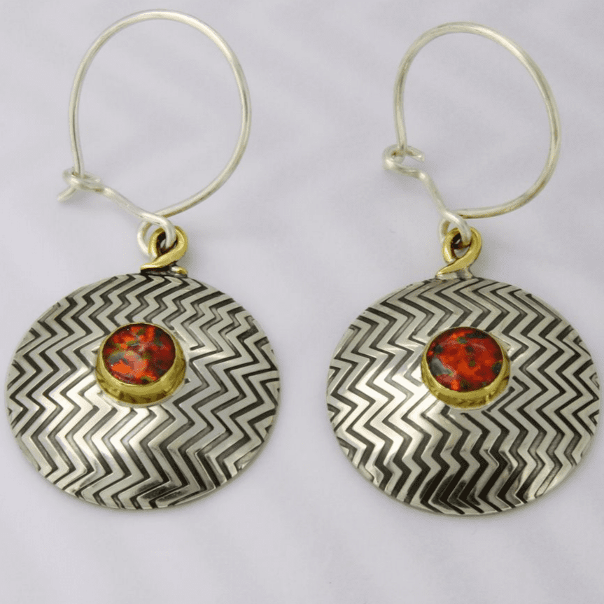 Zigzag silver earrings red Opal contemporary design choice of gemstones