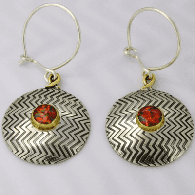 Zigzag silver earrings, red Opal, contemporary design, choice of gemstones
