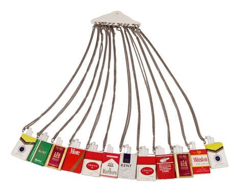 12 Vintage Advertising Miniature Cigarette Packet Necklaces Silver Chains Shop Display 70s Jewellery