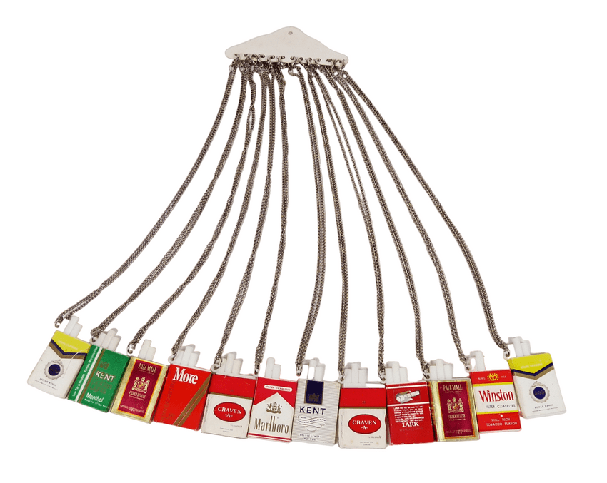 12 Vintage Advertising Miniature Cigarette Packet Necklaces Silver Chains Shop Display 70s Jewellery