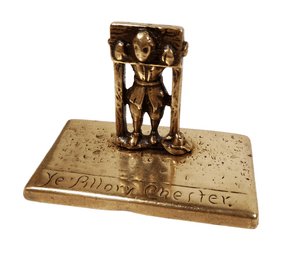 Antique 1886 Reg Des 59634 Brass Souvenir Ye Pillory Chester Stocks Crime Punishment