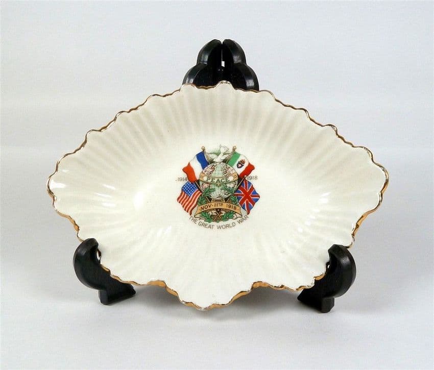 Antique 1918 Hughes & Co Staffordshire China Fluted Bon Bon Dish WW1 Great War Armistice Flags