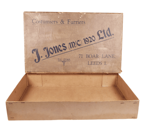 Antique 1936 J Jones Manchester Boar Lane Leeds Costumiers Furriers Packing Postal Box Display Prop