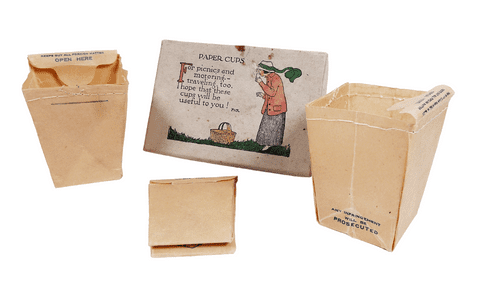 Antique Art Nouveau Boxed Collapsible Sanitary Folding Paper Cup Set Picnic Motoring Travel Socony