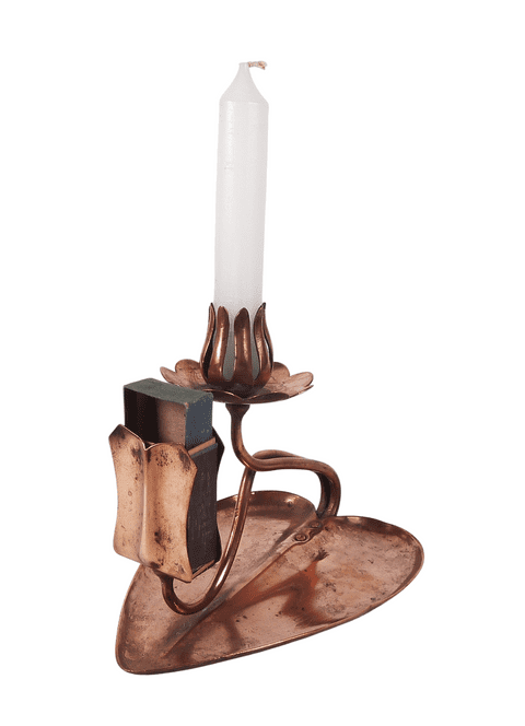 Antique Arts & Craft Copper Candlestick Chamberstick Chamber Candle Stick Matchbox Holder Heart Lily