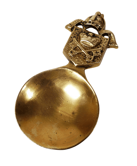 Antique Brass Figural Top Caddy Spoon Archbishop of York Crest Coat Of Arms