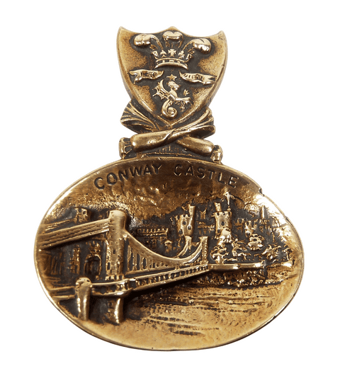 Antique Brass Figural Top Caddy Spoon Conway Castle Bridge Prince of Wales Feathers Dragon