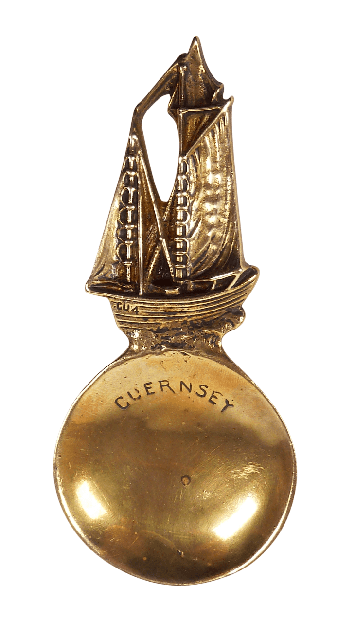 Antique Brass Figural Top Caddy Spoon Sailing Boat Guernsey Teaspoon Reg Applied For 14514