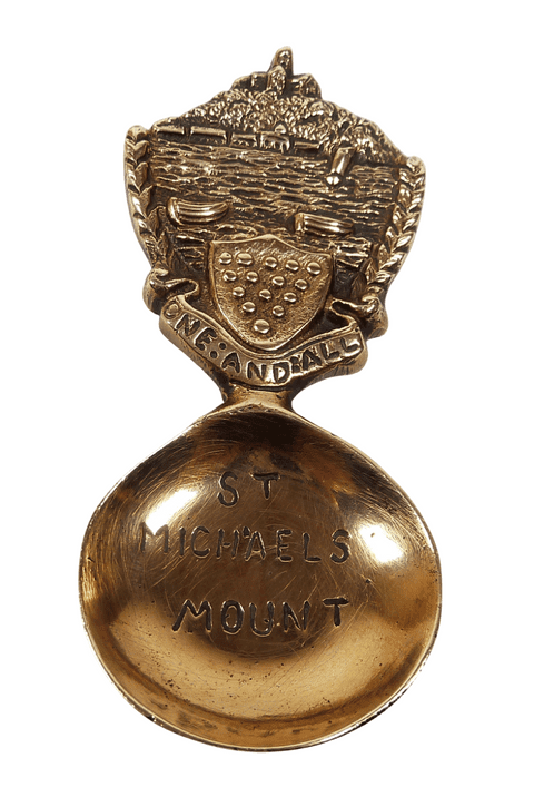 Antique Brass Figural Top Caddy Spoon St Michaels Mount Cornwall Cornish Island Castle One and All