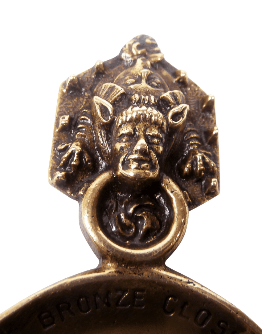 Antique Brass Figural Top Caddy Spoon St Nicholas Church Gloucester Bronze Closure Ring Reg Applied