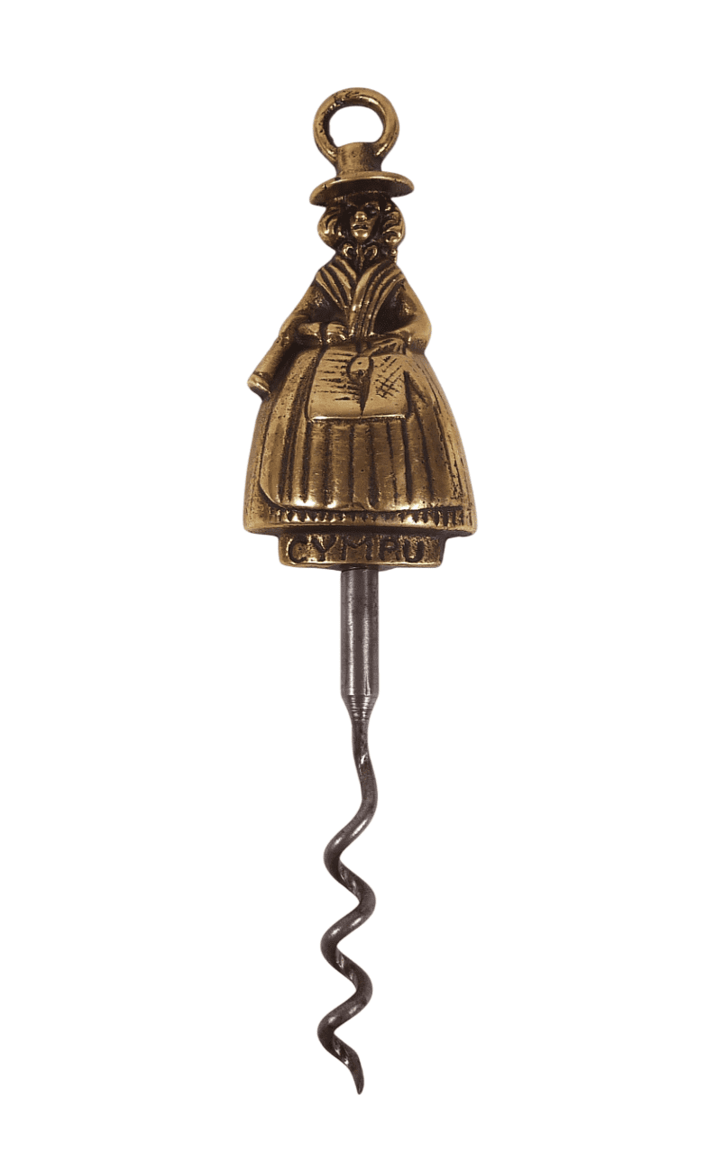 Antique Brass 'Jenny Jones' Cymru Figural  2 Finger Pull Corkscrew 1930s Welsh Elpec Lloyd Pascal
