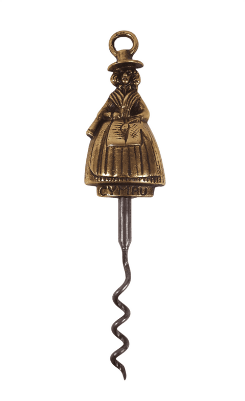 Antique Brass 'Jenny Jones' Cymru Figural 2 Finger Pull Corkscrew 1930s Welsh Elpec Lloyd Pascal