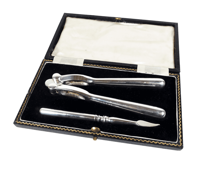 Antique Cased Silver Plate Guaranteed Wrought Nutcracker Nut Cracker & Nut Pick Boxed