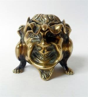 Antique Desk 19th Century Brass Grotesque Anthropomorphic Devil Imp Inkwell Dip Pens Stand Mythical