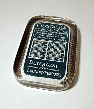 Antique Desk Advertising Glass Paperweight Perpetual Calendar Crystal & Co Rochdale Laundry Marine