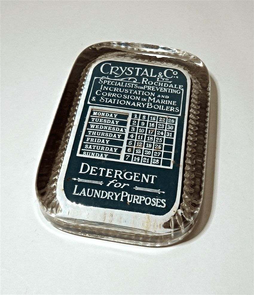 Antique Desk Advertising Glass Paperweight Perpetual Calendar Crystal & Co Rochdale Laundry Marine