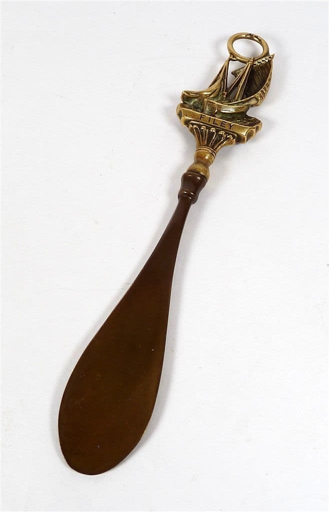 Antique English Souvenir Brass Filey Yorkshire Shoe Horn Circa 1920s Sailboats Fishing Boats