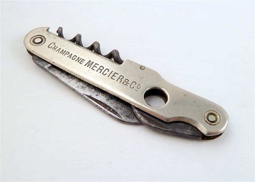 Antique Folding Corkscrew Combination Pocket Knife Champagne Mercier & Co Cigar Cutter Wire Breaker