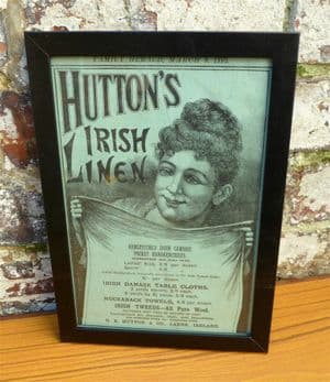 Antique Framed 1895 Hutton's Irish Linen Advert - G R Hutton & Co Larne Ireland Shop Home Wall Art
