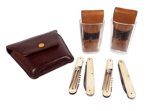 Antique German Leather Cased Double Campaign Folding Cutlery Picnic Set Glasses Corkscrew Travel