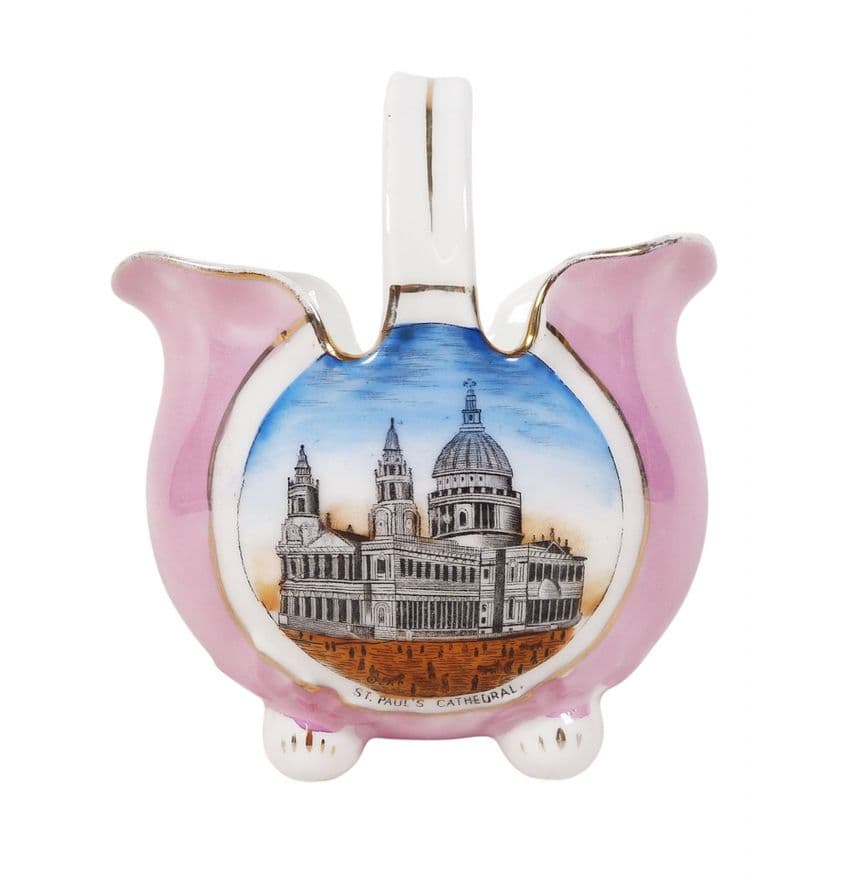 Antique German Souvenir Porcelain Basket St Pauls Cathedral London 1900s Pink