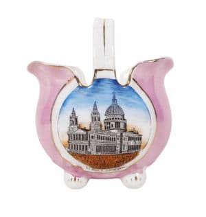 Antique German Souvenir Porcelain Basket St Pauls Cathedral London 1900s Pink