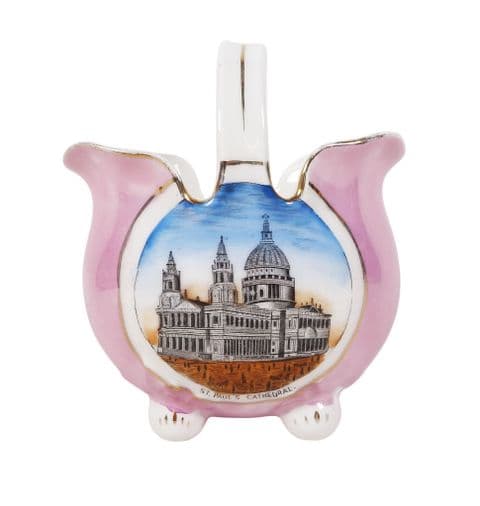 Antique German Souvenir Porcelain Basket St Pauls Cathedral London 1900s Pink