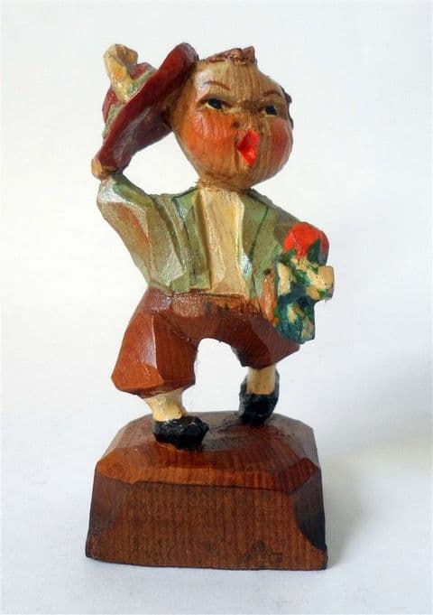 Antique Hand Carved Painted Wooden Wood Boy Figure Flowers Hat European Folk Art Black Forest