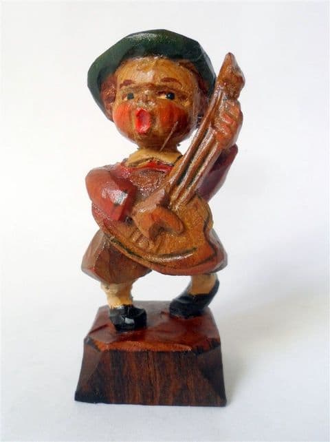 Antique Hand Carved Painted Wooden Wood Boy Figure Mandolin European Folk Art Black Forest