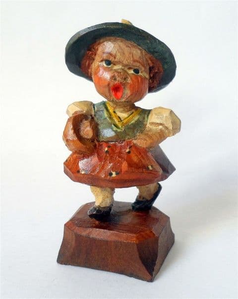 Antique Hand Carved Painted Wooden Wood Girl Figure Basket Hat European Folk Art Black Forest