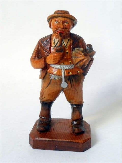 Antique Hand Carved Painted Wooden Wood Old Man Pipe Umbrella Figure European Folk Art Black Forest
