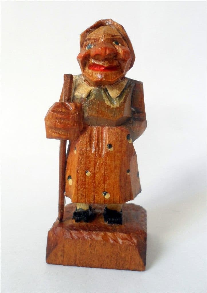 Antique Hand Carved Painted Wooden Wood Old Woman Staff Scarf Figure European Folk Art Black Forest