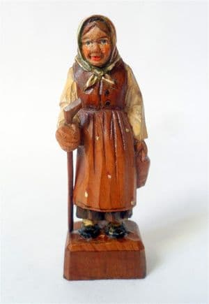 Antique Hand Carved Painted Wooden Wood Old Woman Stick Figure European Folk Art Black Forest