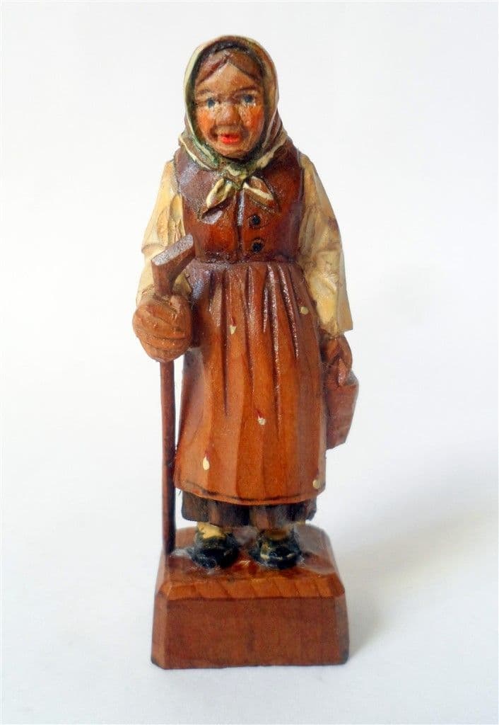 Antique Hand Carved Painted Wooden Wood Old Woman Stick Figure European Folk Art Black Forest