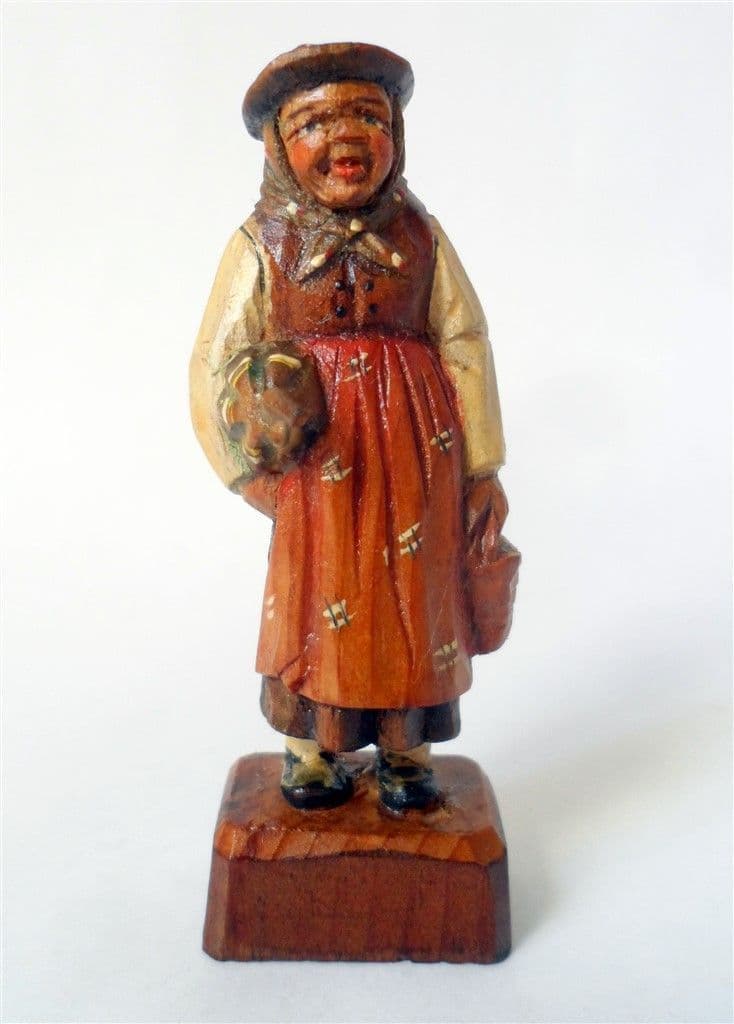 Antique Hand Carved Painted Wooden Wood Old Woman Umbrella Figure European Folk Art Black Forest