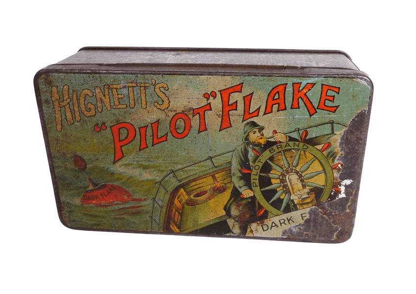 Antique Hignetts Pilot Dark Flake Smoking Mixture Tobacco Tin Circa 1910 Boat Maritime Nautical
