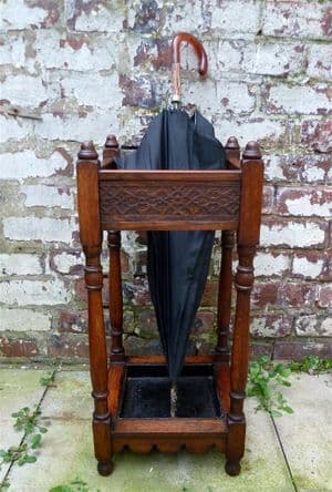 Antique Home Office Hall Solid Wood Carved Oak Umbrella Stick Stand Circa 1900s Original Drip Tray